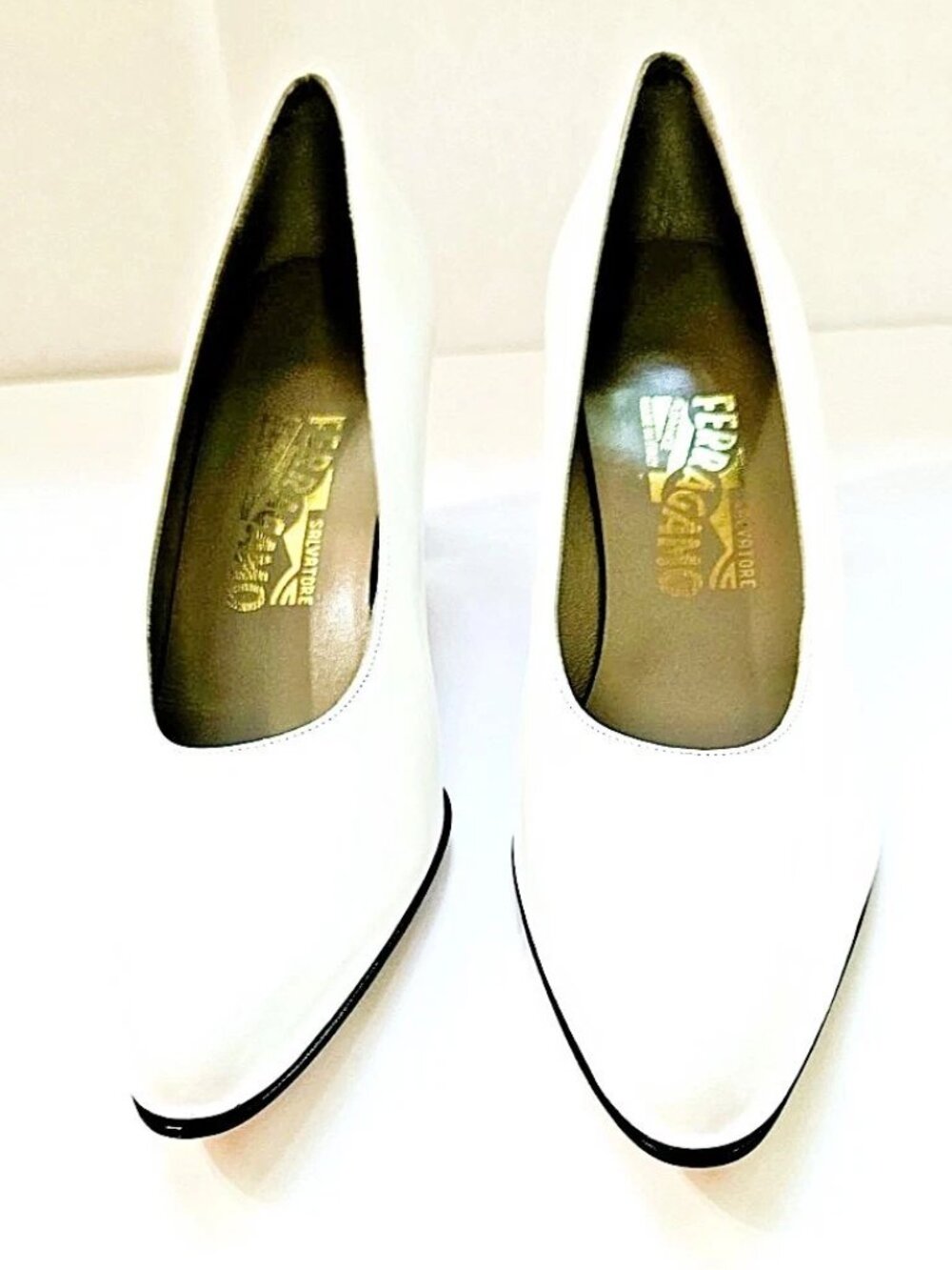 90s Salvatore Ferragamo White Leather Pumps Unique Mirrored Block Heels 9.5 AAA